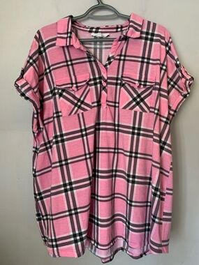 MyStyle 2X Pink Plaid Button Front Short Sleeve Tunic Top